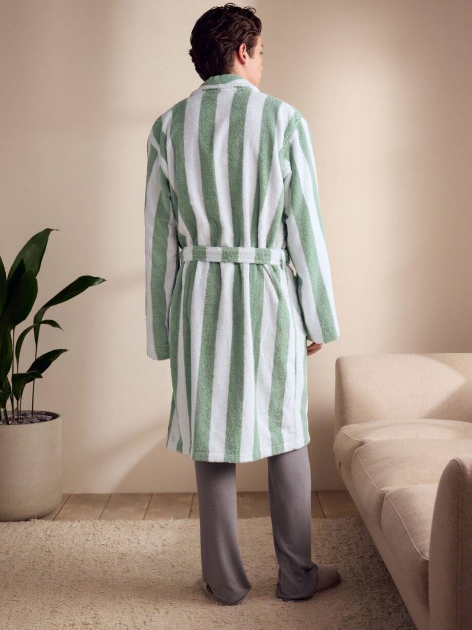 Sage Green Stripe Cotton Towelling Dressing Gown