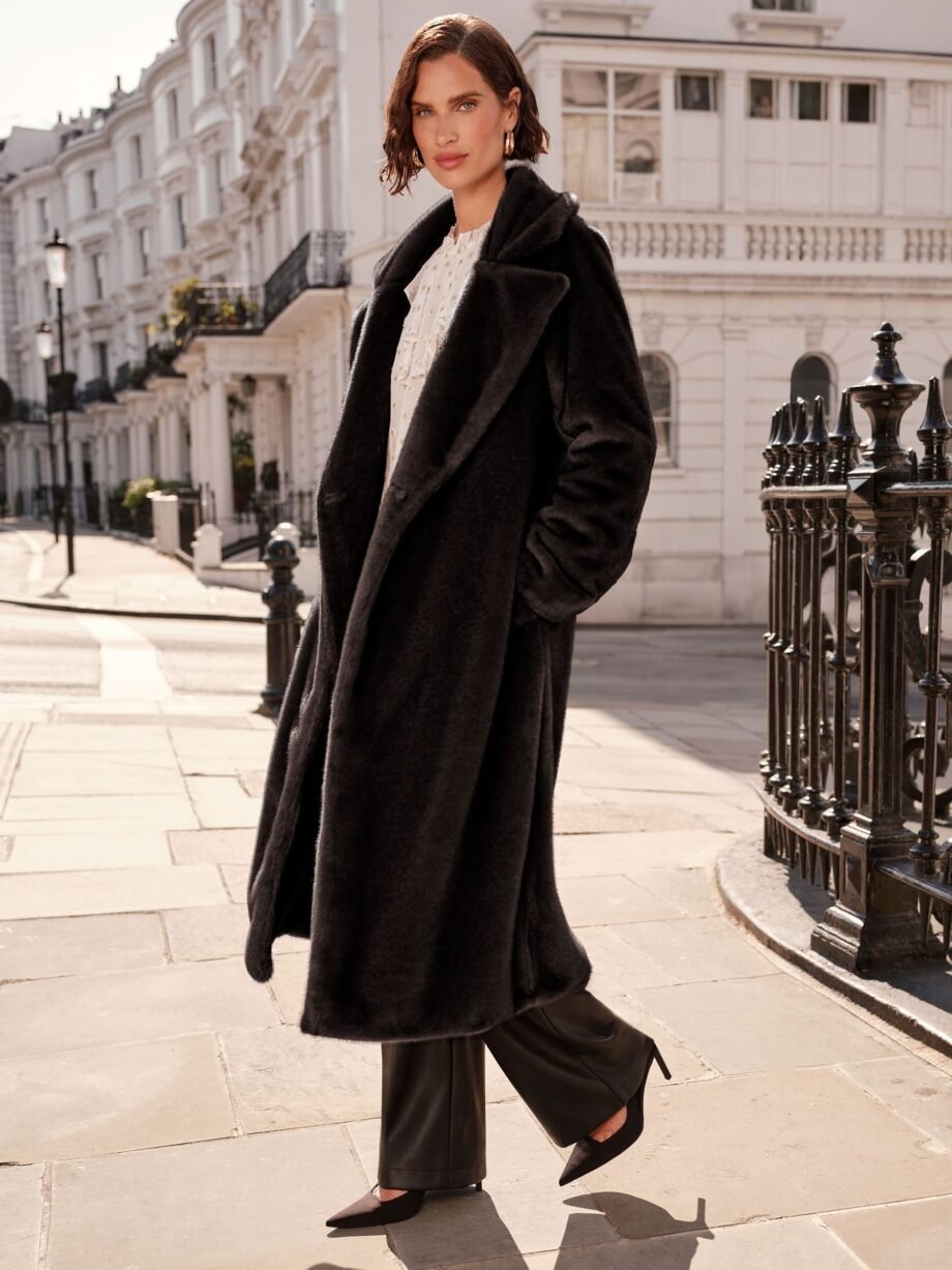 Love & Roses Black Longline Faux Fur Coat