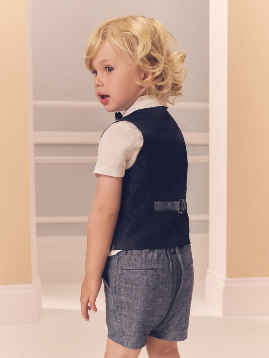 Navy Cotton/Linen Blend Waistcoat, Shirt, Short & Bow Tie Set (3mths-9yrs)