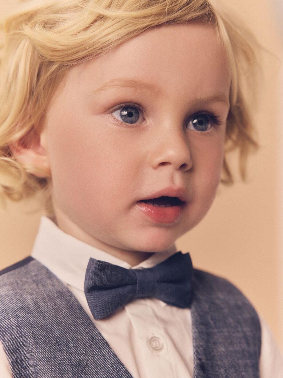 Navy Cotton/Linen Blend Waistcoat, Shirt, Short & Bow Tie Set (3mths-9yrs)