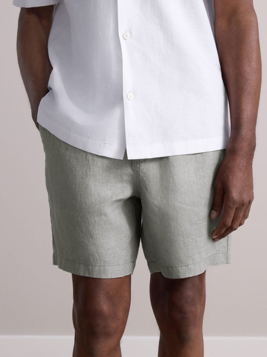 Sage Green 100% Linen Drawstring Waist Shorts