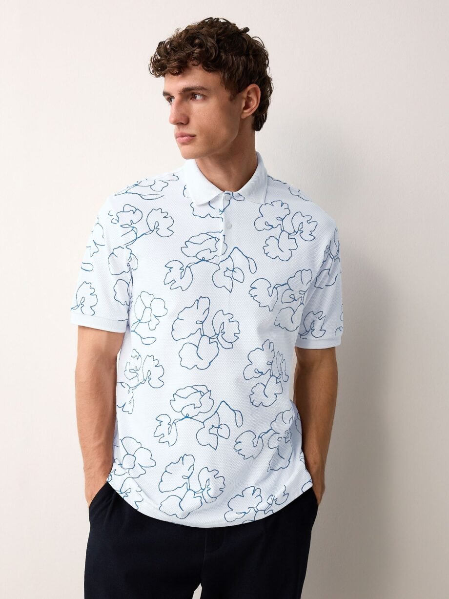 White/Blue Short Sleeve Print Polo Shirt