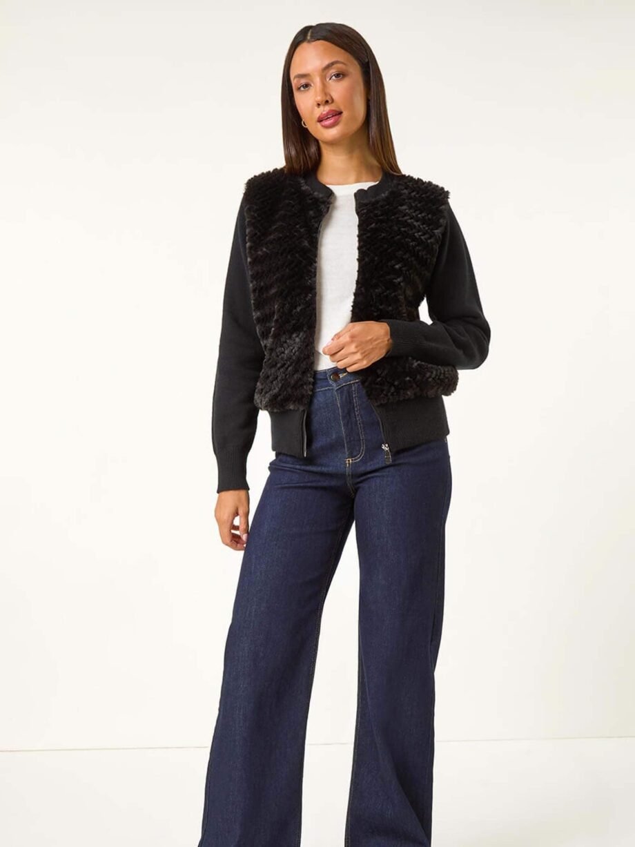 Roman Black Faux Fur Funnel Neck Zip Jacket