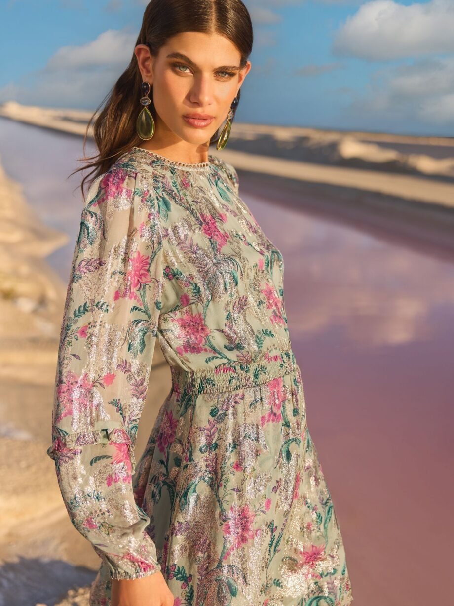 V&A I Love & Roses Sage Floral Metallic Ruffle Detail Mini Dress