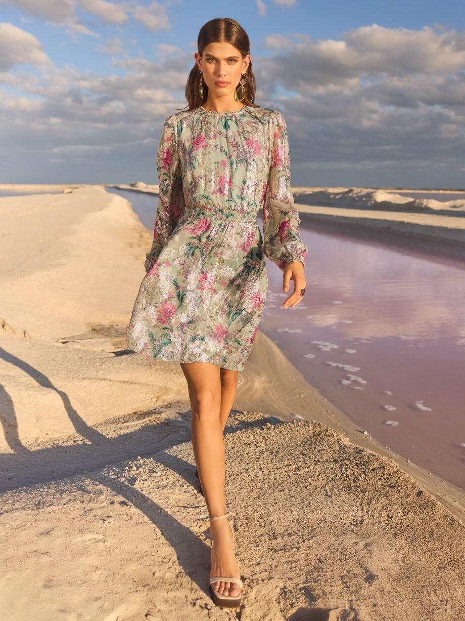 V&A I Love & Roses Sage Floral Metallic Ruffle Detail Mini Dress