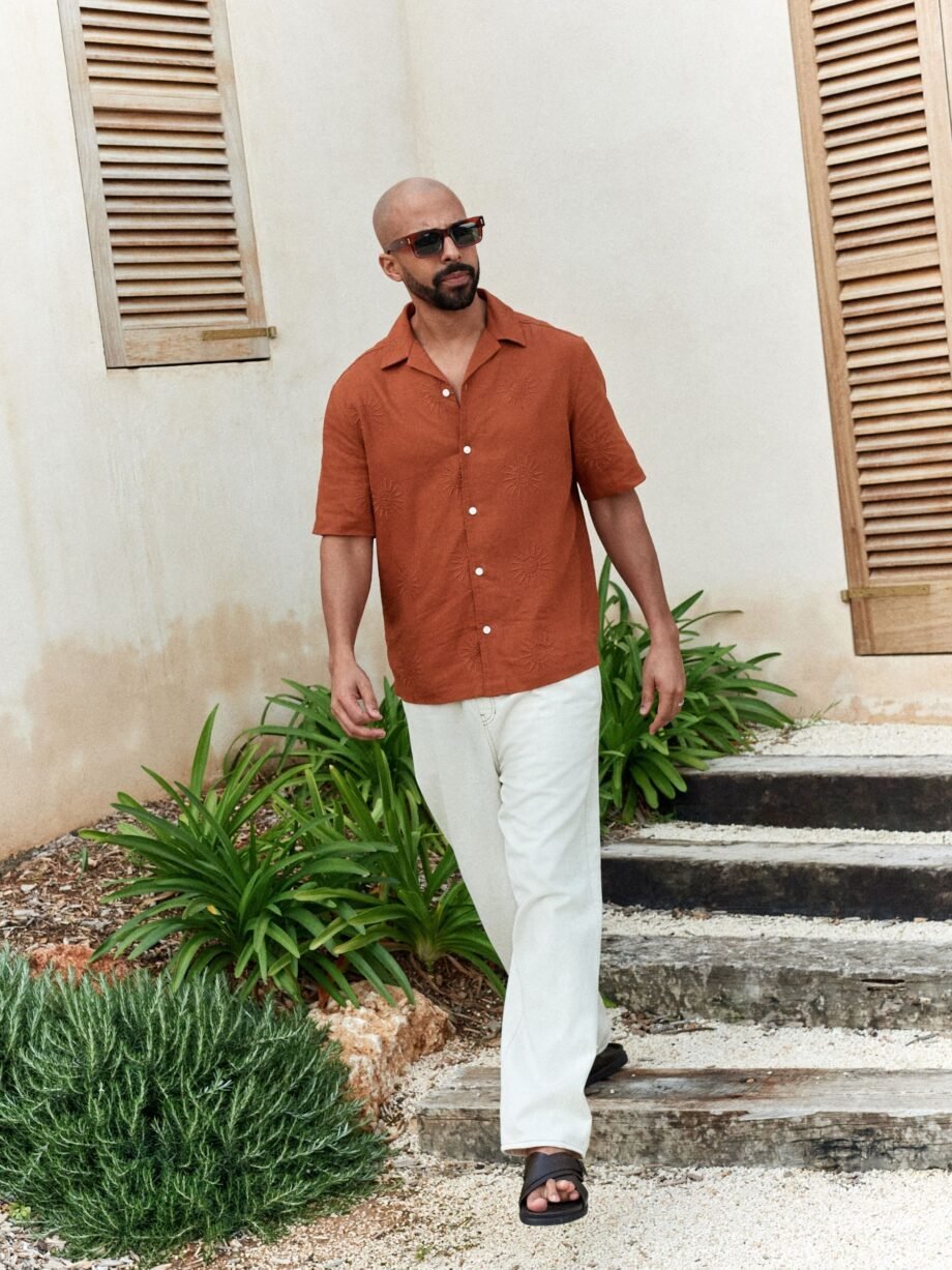 Rust Brown Sun Embroidered Short Sleeve Shirt