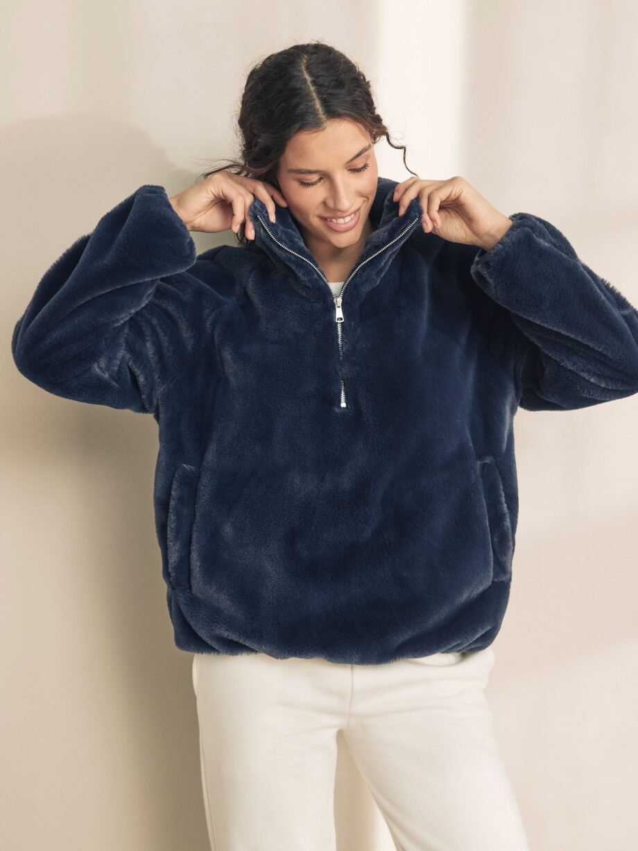 Blue Faux Fur Half Zip Top