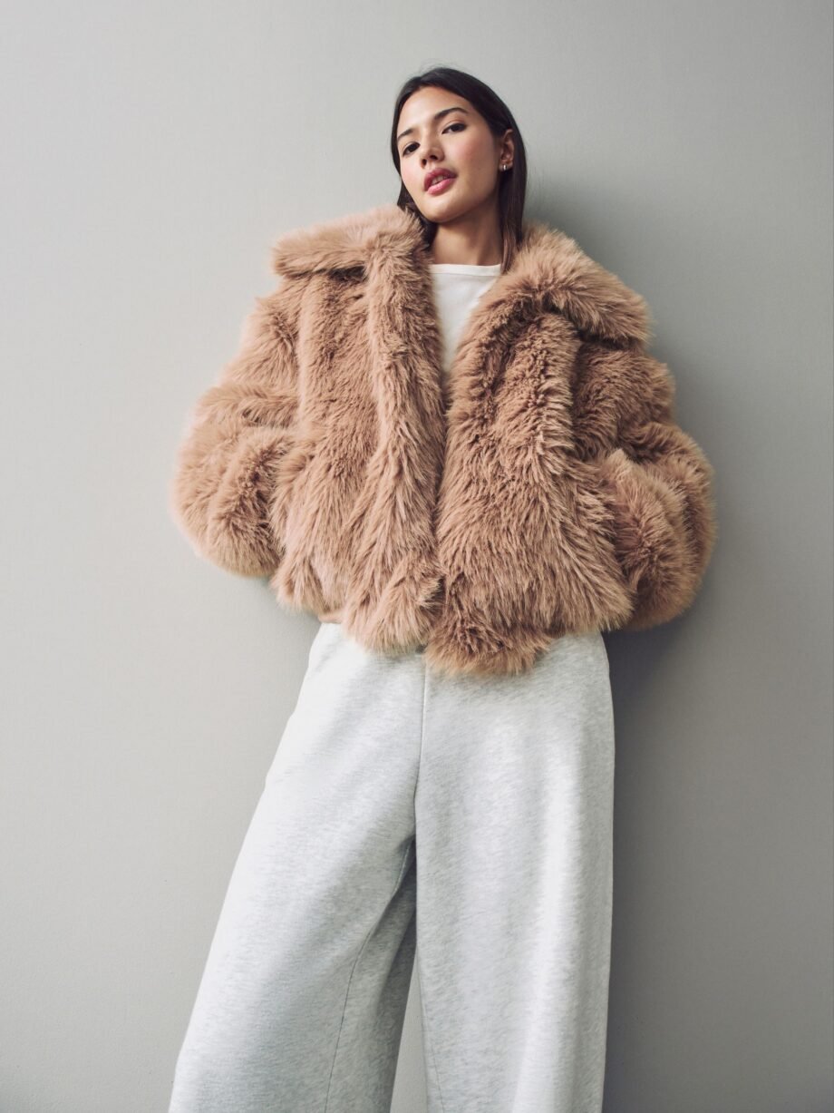 Camel Faux Fur Bomber Jacket