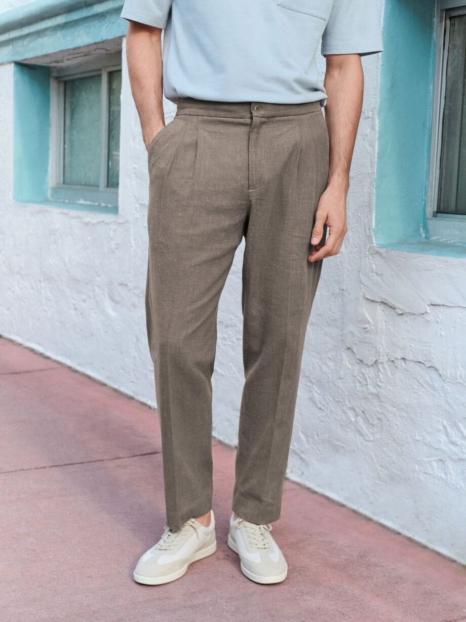 Mushroom Brown Smart Linen Look Trousers With Internal Drawcord