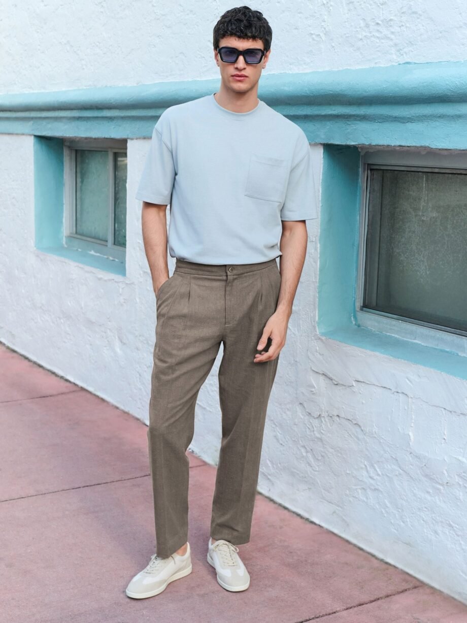 Mushroom Brown Smart Linen Look Trousers With Internal Drawcord